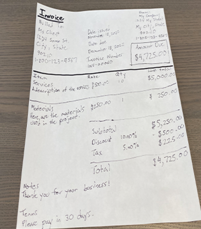 Photo of a handwritten receipt